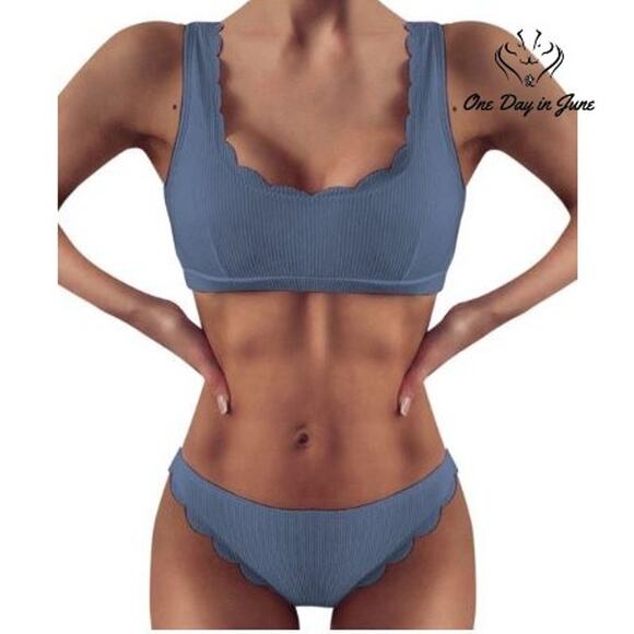 KmaiSchai Ribbed Scalloped Scoop Neck Bikini Swimsuit Size XL - Picture 1 of 3
